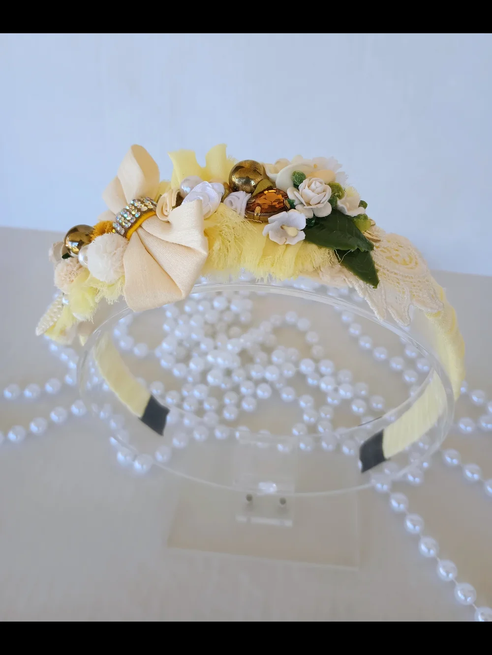 Handmade Yellow Floral Pearl Embellished Padded Headband🎀✨